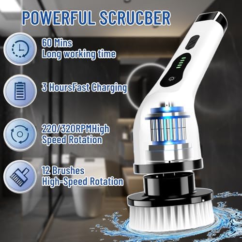 Electric Spin Scrubber, Cordless Cleaning Brush Scrubber with 12 Replaceable Brush Heads