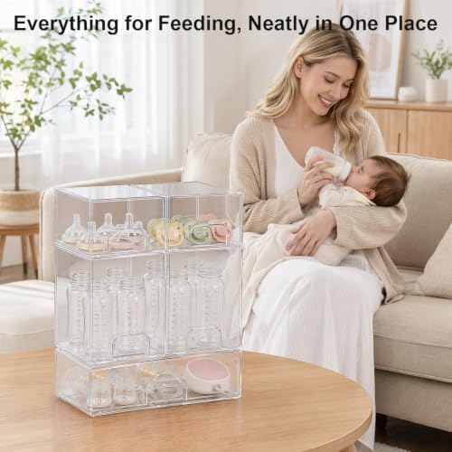 QRRICA Baby Bottle Organizer for Countertop, 5-Piece Stackable Clear Acrylic Storage with Non-Slip Pads & Handles – Large Capacity for Kitchen