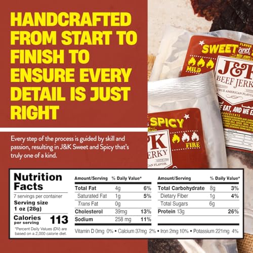 J&K Sweet and Spicy Beef Jerky - Hand Crafted Small Batch American Made Slab Beef Jerky - Bold & Flavorful Snack! - 7oz Big Bag