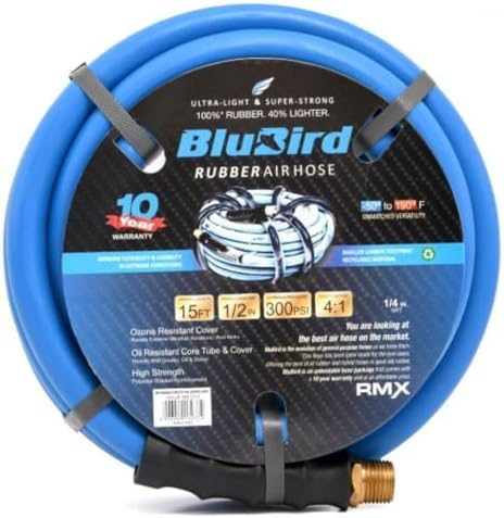 BLUBIRD BB1250 1/2" x 50' Rubber Air Hose, 100% Rubber, Lightest, Strongest, Most Flexible, 300 PSI, 50F to 190F Degrees, Ozone Resistant, High Strength Polyester Braided