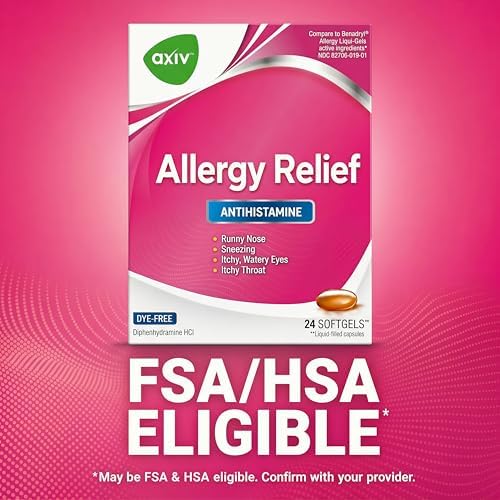 AXIV Allergy Relief Softgels, Antihistamine Medicine & Cold Symptom Relief, Dye-Free Liquid Gels, 25 mg Diphenhydramine HCl, Runny Nose, Sneezing, 24 Count (24 Softgels)