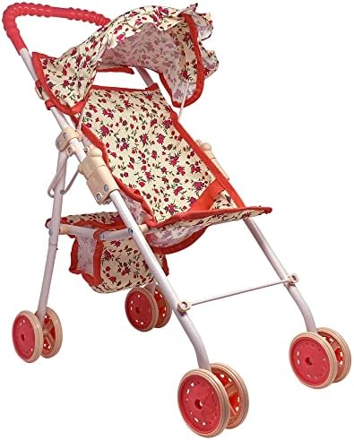 The New York Doll Collection My First Doll Stroller with Basket & Heart Design Foldable Doll Stroller, Pink