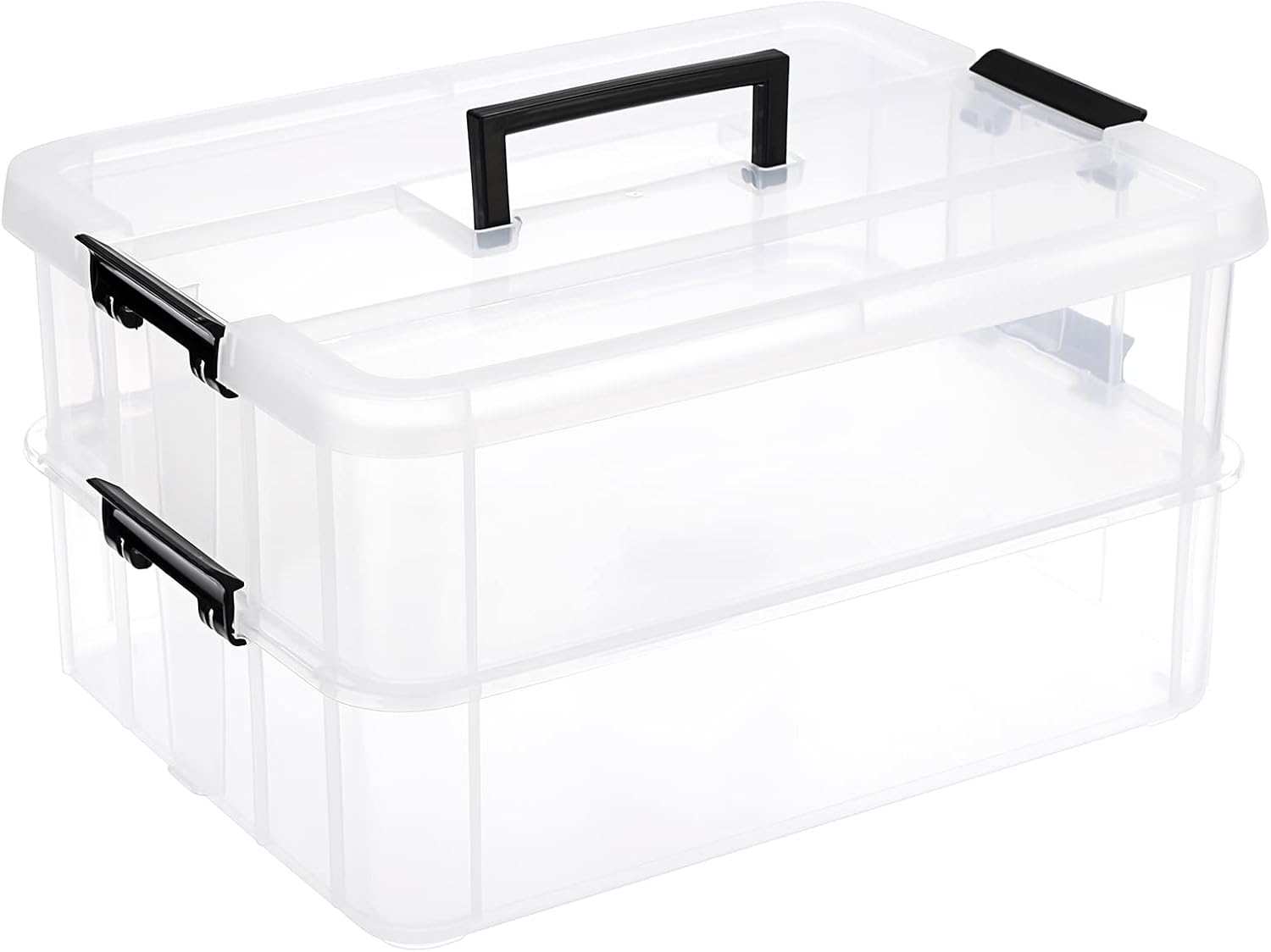 JUXYES 2-Tiers Plastic Stack Carry Storage Containers Box wih Handle Lids