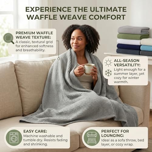 Tex Trend 100% Cotton Waffle Weave Blanket Queen Size - Soft, Breathable Cooling Blanket for Bed, Lightweight Cozy Summer & Spring Bedding, Grey, 90x90