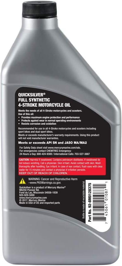 Quicksilver 20W-50 Full Synthetic Motorcycle Oil, 1 Quart