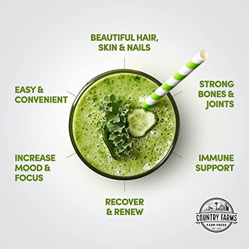 Country Farms Collagen Peptides Powder with Greens Dietary Powder Supplement (Type I, III) for Skin Hair Nail and Joints, Dairy/Sugar Free, Energizing Superfoods, Natural, 10.6 Oz 30 Servings