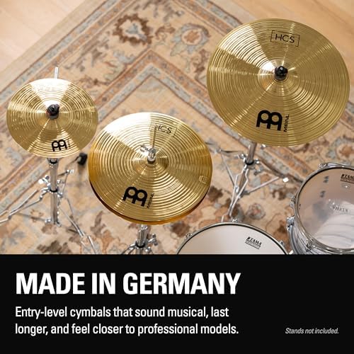 Meinl Cymbal Set Box Pack with 14” Hihats, 20” Ride, 16” Crash, Plus a FREE 10” Splash – HCS Traditional Finish Brass – Made In Germany