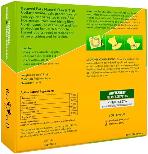 Natural Flea & Tick Collar for Cats - 6 Months Control of Best Prevention & Safe Treatment - Anti Fleas and Ticks Essential Oil Repellent (1 Pack)
