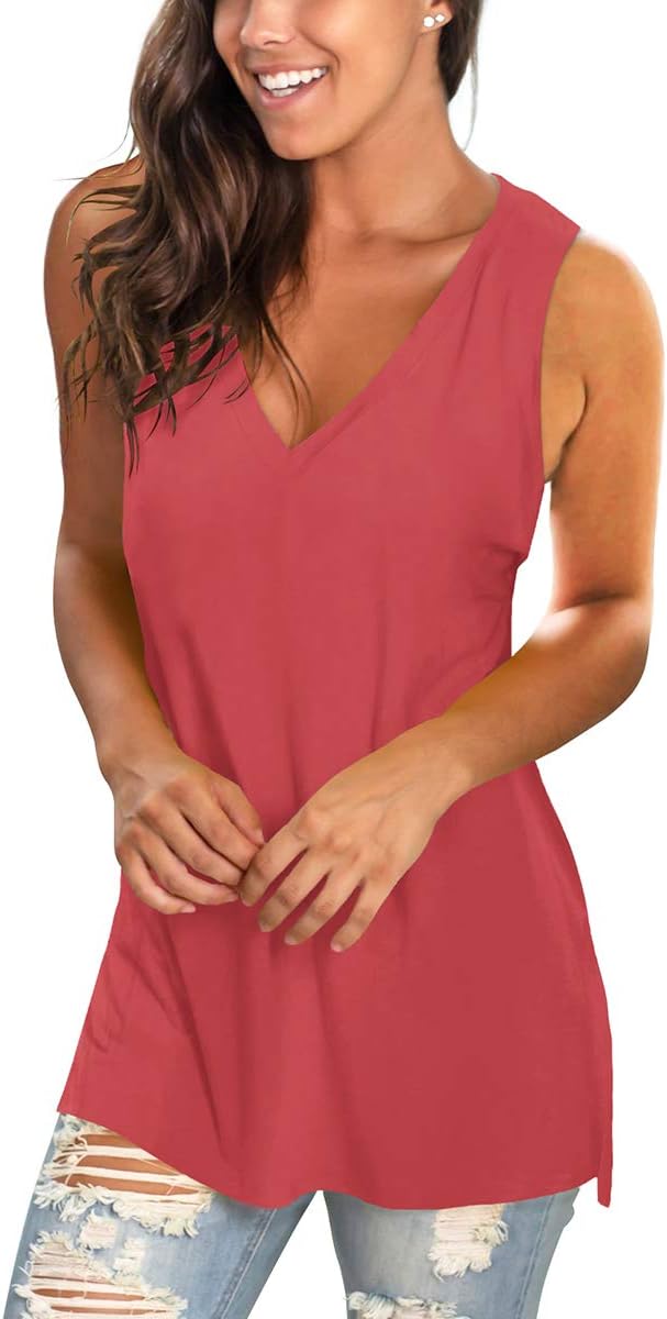 Sampeel Womens Summer Tank Tops Basic Tanks V Neck Sleeveless T Shirts Side Split