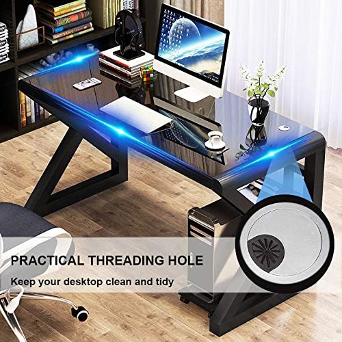 BINGTOO Glass Top Computer Desk with Metal Frame - Modern Simple Workstation for Home Office, Gaming, Writing, Study & Work, Black