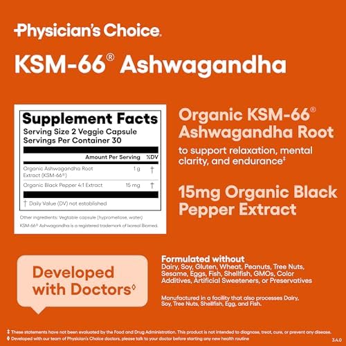 Physician's CHOICE KSM-66 Ashwagandha Root Extract 1,000mg, Organic, 60ct