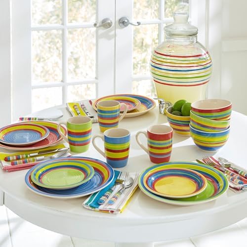 BrylaneHome 16 Piece Santa Fe Hand-Painted Striped Stoneware Dinnerware Set - Multi Stripe