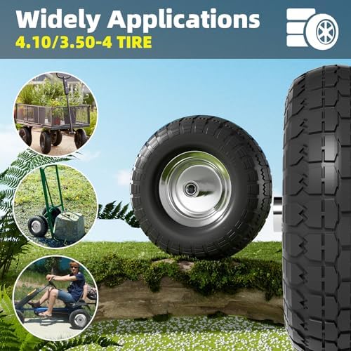 【UPGRADED】4.10/3.50-4 Tire and Wheel Flat Free, 10 Inch Solid Rubber Tire with 5/8”Axle Bore Hole and Double Sealed Bearings