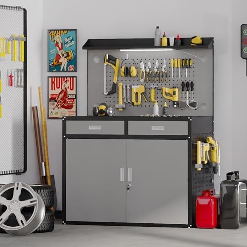 48" Heavy Duty Workbench with Drawers and Lockable Storage Cabinet- 2500 LBS Capacity Work Bench with Pegboard