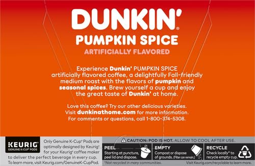 Dunkin’ Pumpkin Spice Artificially Flavored Coffee, 10 Keurig K-Cup Pods | Limited edition fall flavor, Notes of cinnamon & nutmeg sweetness