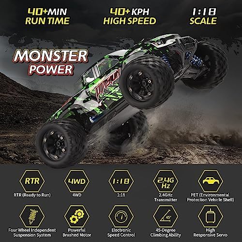 TENSSENX 1:18 Scale All Terrain RC Cars, 40KPH High Speed 4WD Remote Control Car with 2 Rechargeable Batteries, 4X4 Off Road Monster Truck