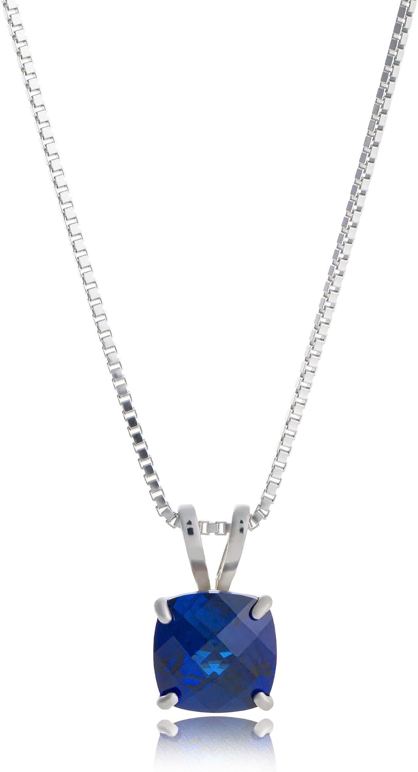 MAX + STONE 925 Sterling Silver Cushion Cut Birthstone Necklace for Women | 6mm Hypoallergenic Solitaire Necklace | Gemstone Pendant Necklaces with 18 inch Box Chain