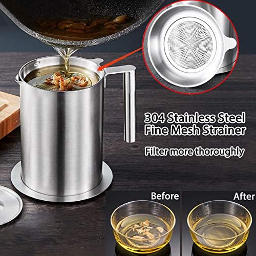 Sumerflos 1.8 L/1.9 Quart Stainless Steel Grease Strainer and Container - Large Oil Storage Pot Grease Keeper with Dust-Proof Lid & Easy Grip Handle