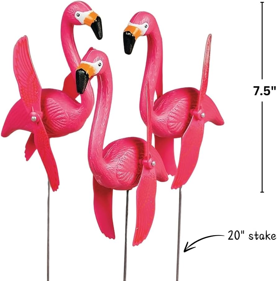Fun Express Mini Pink Flamingos Yard Ornaments Set of 6 - Wind Spinners Outdoor with Twirling Wings | Flamingo Decor Gifts for Women | Tropical Luau