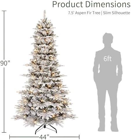 Puleo International 7.5ft Pre-Lit Slim Flocked Aspen Fir Christmas Tree with 450 Clear Lights, 1016 Realistic Dense Snow Flocked Branch Tips, Easy Setup Artificial Trees with Sturdy Metal Stand