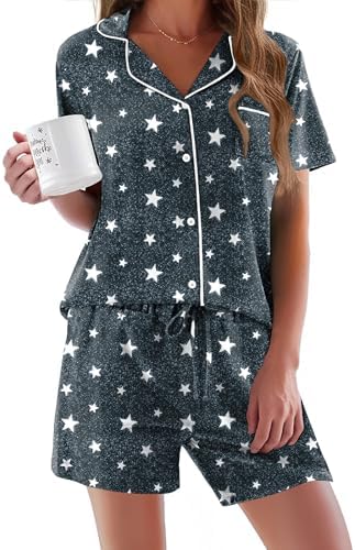 Ekouaer Pajamas Set for Women Short Sleeve Sleepwear Button Down Pj XS-XXXL | Summer 2 Piece Lounge Set, Soft Fabric, Drawstring Waistband, for Bridesmaid Bride Party, Plus Size, Petite, Cute Pattern