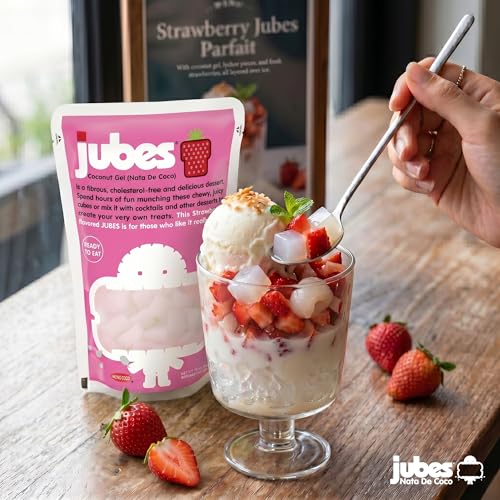Jubes Strawberry Nata De Coco Jelly Cubes (12.7 oz, Pack of 3) - Strawberry Coconut Jelly Cubes for Sago - Coconut Gel in Syrup Toppings for Fruit Tea, Boba, Bubble Tea, Drinks, Desserts Yogurt, Ice Cream, Beverage