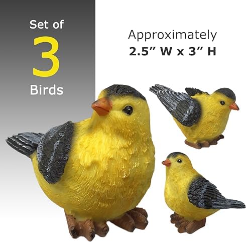 BANBERRY DESIGNS Goldfinch Bird Figurines Set of 3, Hand-Painted Polystone Birds in 3 Poses, Small Decorative Bird Statues for Home, Garden, Mantel, Shelf and Spring Decor, 3 Inch