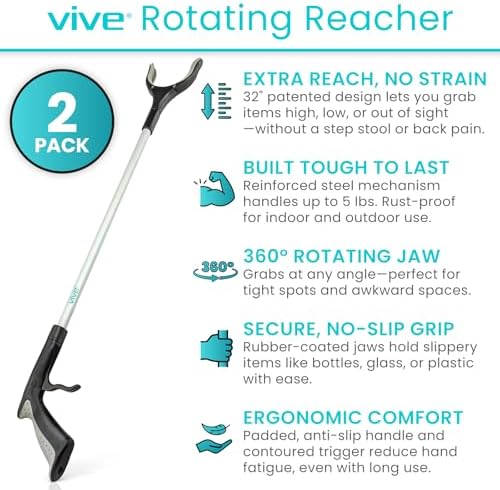 Vive Reacher Grabber 32" - Extra Long Mobility Aid - Rotating Hand, Heavy Duty Grip Arm - Reaching Assist Tool for Trash Pickup, Litter Picker, Garden Nabber, Disabled, Handicap Arm | Duty Grip Arm - Reaching Assist Tool for Trash Pickup, Litter Picker,…