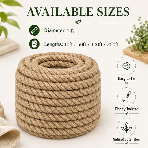 Twisted Manila Jute Rope (1 Inch x 10 Feet) Natural Thick Hemp Rope for Crafts, Nautical, Railings, Hammock, Decorating
