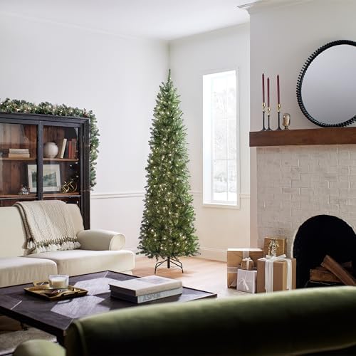 National Tree Company 7.5 ft Pre-Lit Kingswood Fir Slim Artificial Christmas Tree, 350 Warm White LED Lights, 1, 075 Tips, Includes Stand