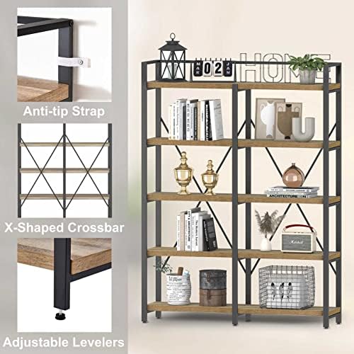FATORRI Bookshelf, 5 Tier Industrial, 51 Inch Wide 69 Inch Tall Etagere Bookcase