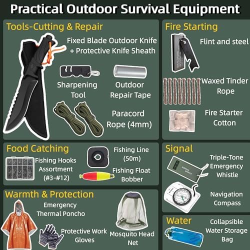 Camping Survival Kit, All in One Outdoor Emergency Gear with Knife, Fire Starter, Fishing Kit, Water Pouch & Compass for Hiking Backpacking Bushcraft Gift for Him