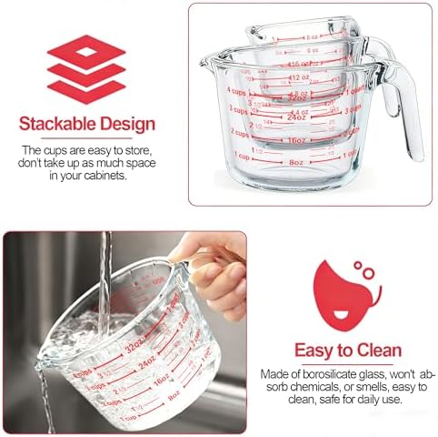 M MCIRCO 6 Pcs Glass Measuring Cups with Lids Set, 1 Cup, 2 Cup, 4 Cup | Measuring Jugs with Handle, Nesting Liquid Measuring Cups for Kitchen