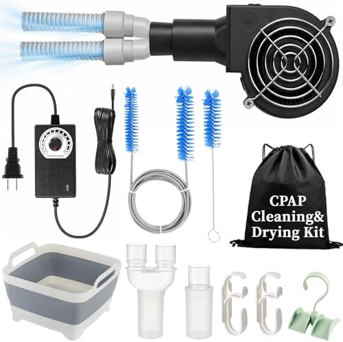 10 Pack CPAP Cleaning Kit with Speed-Adjustable Hose Dryer (for 22 mm &15 mm Tubing), Collapsible Wash Basin & 2 Hooks
