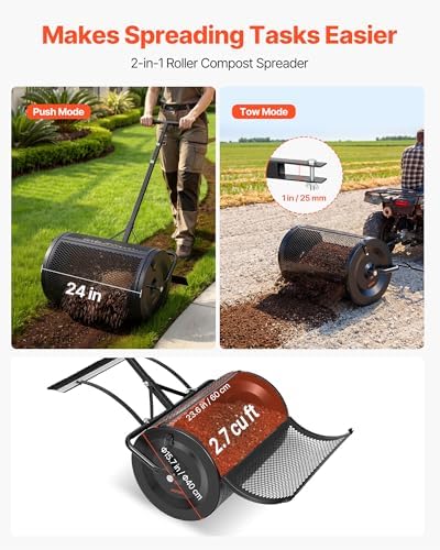 VEVOR Compost Spreader, 36" Wide Peat Moss Spreader with Push/Tow Handle, 4 Heights Adjustable, Powder-Coated Steel Garden Peat Moss Roller, Heavy Duty Grass Seed Roller for Planting Seeding, Black