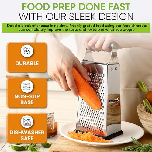 Spring Chef Stainless Steel Cheese Grater, Large Box Grater for Kitchen | 4 Sided Handheld Vegetable Shredder, Kitchen Food Grater for Cheese, Potato