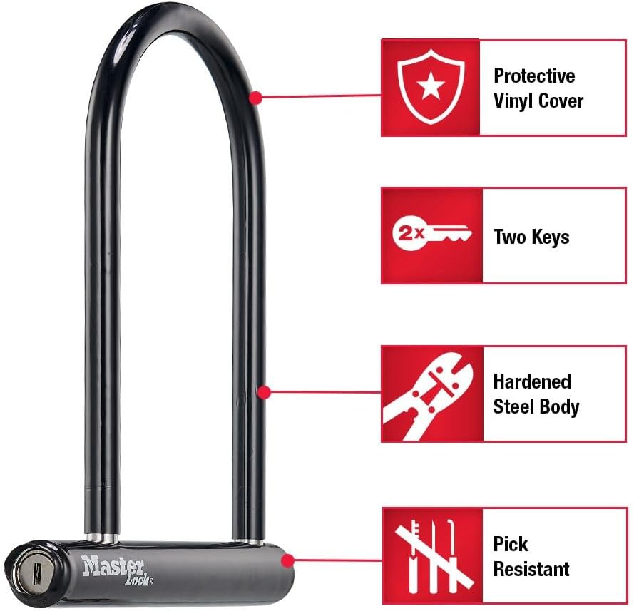 Master Lock Black Bike Lock with Key, Standard Size U-Lock for Bicycles and Other Outdoor Equipment, Anti-Theft Lock for Bikes, 8320D