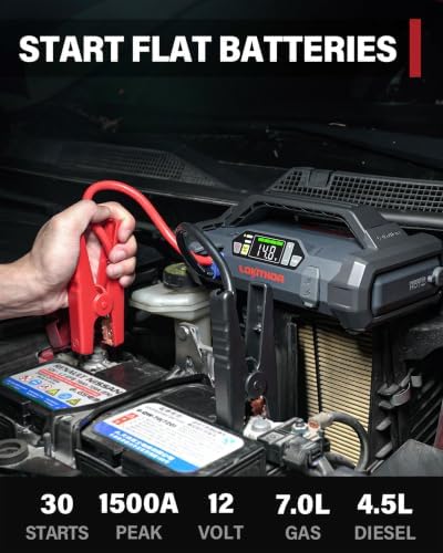 LOKITHOR JA300 Jump Starter with Air Compressor(7.0L Gas & 4.5L Diesel) | 1500A 12V Portable Jumper Box | 150PS 35LPM Tire Inflator, Digital Display