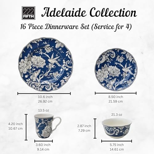 222 Fifth Adelaide 16-Piece Black Porcelain Dinnerware Set – Service for 4, Featuring Hand-Applied Romantic Woodland Bird Design