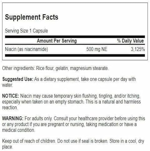 Swanson Niacinamide 500 Milligrams, 250 Capsules, 2 Pack | Supports Skin Health and Energy Production, Delivers 500 mg per Capsule