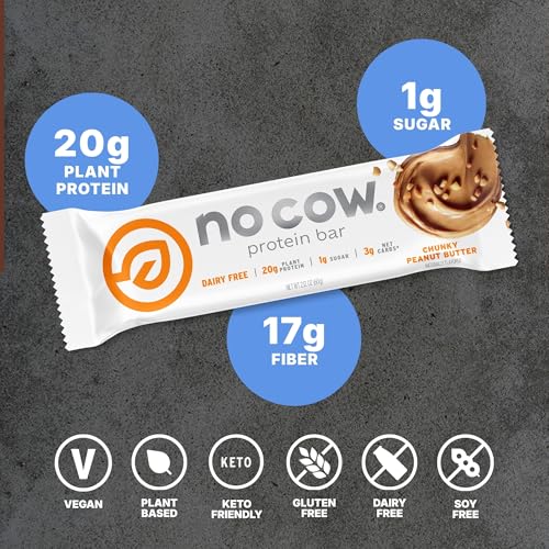 No Cow Peanut Butter Chocolate Chip Vegan Protein Bars, 12 Pack | 20g High Plant-Based Protein, High Fiber, Low Sugar, Gluten-Free, Dairy-Free, Soy-Free, Keto-Friendly Snack Bars
