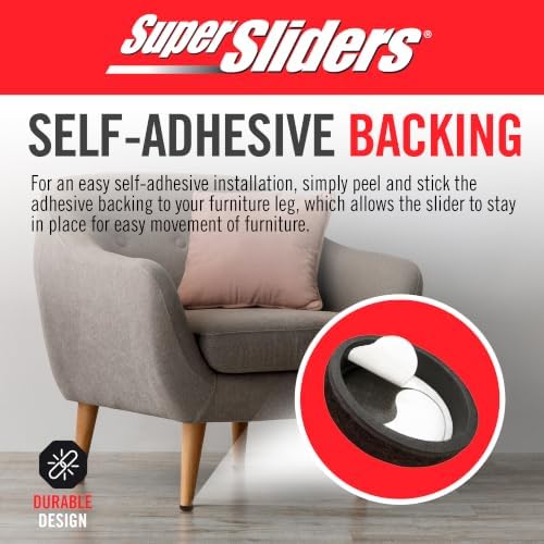 Super Sliders 1" Round Formed Secure Reusable Felt Furniture Sliders for Hard Surfaces, Noise-Reducing Adhesive Furniture Moving Pads, Fits 1" Legs