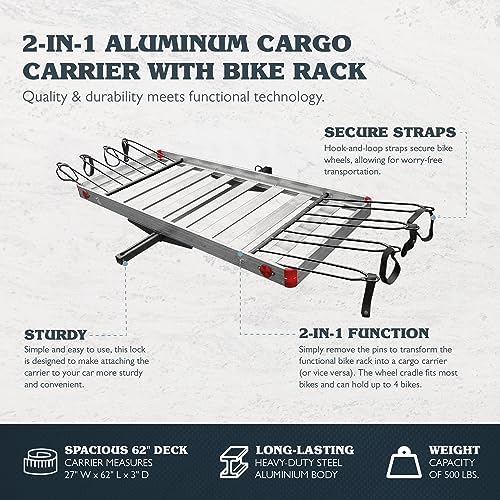 Truck Hitch Cargo Carrier - 500 lb Aluminum 2-in-1 Rack, Silver | Fits 2 in Receivers, Holds 4 Bicycles, 62 x 27 x 3 in Platform, Wheel Mount Design