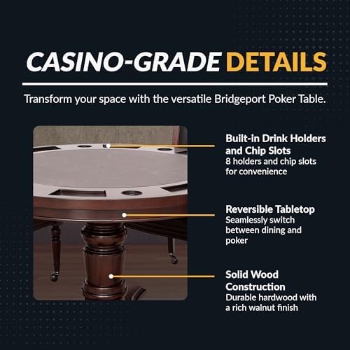 Hathaway Bridgeport 2 in 1 Round Poker Table and Chairs Set for Dining & Game Rooms – Furniture Grade Hardwood, Sturdy Pedestal Legs, Drink Holders