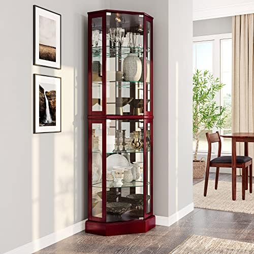 BELLEZE Lighted Corner Display Curio Cabinet Wooden Curved Shelving Unit with Tempered Glass Door