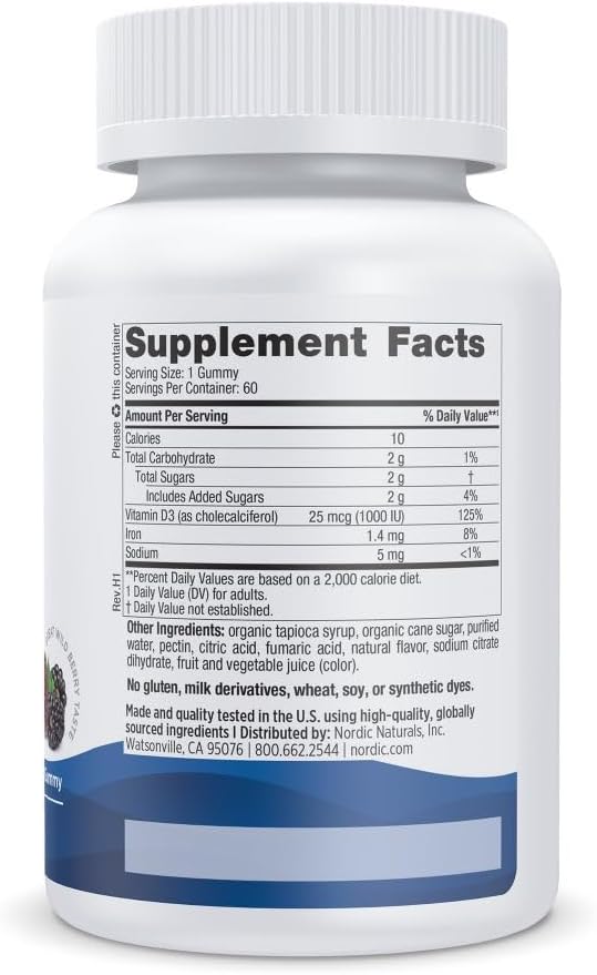 Nordic Naturals Vitamin D3 Gummies,1000 IU D3 + Iron, Wild Berry - 120 Count