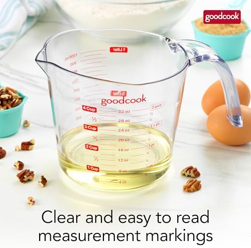 GoodCook Everyday 4-Cup Liquid Measuring Cup, Clear Plastic with Easy-to-Read Markings, Tapered Pour Spout, Comfortable Handle, Measures in Cups, Ounces, Pints, and Milliliters