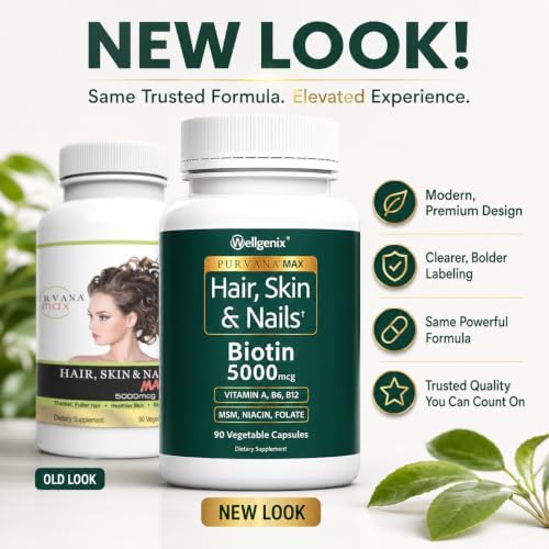 Wellgenix Purvana MAX Hair Skin & Nails Vitamins, Biotin 5000mcg, 90 Count | Biotin, MSM & hyaluronic acid in vegetable capsules for thicker