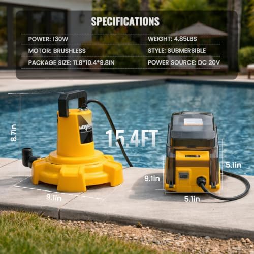 Cordless Submersible Sump Pump Compatible with Dewalt 20V/60V MAX Battery | Tool Only