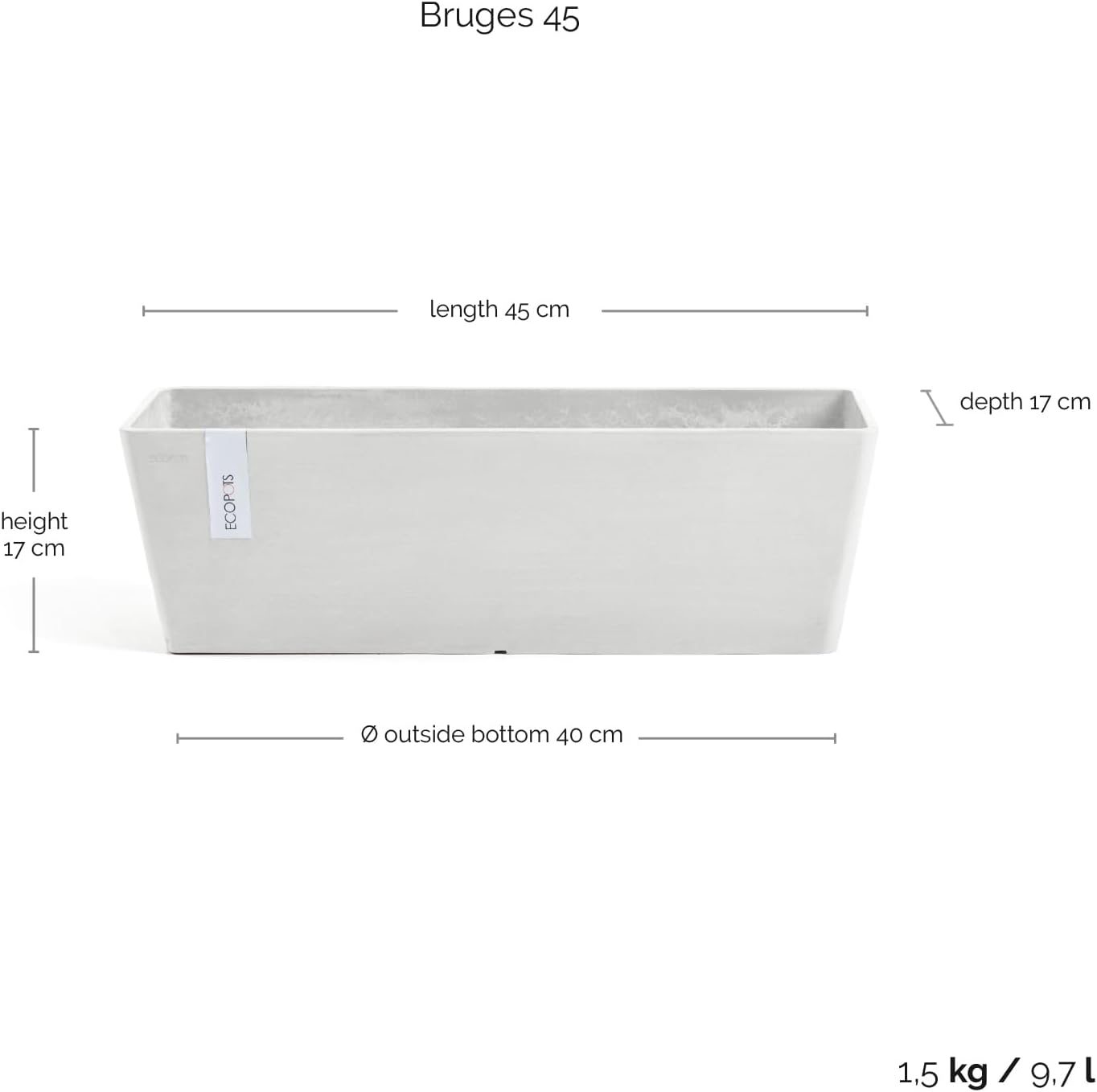 Ecopots Bruges Rectangular Flower Planter, Grey, 21.5" | Modern Style, Durable Recycled-Based Composite Construction, Weather and UV-Resistant, for Indoor/Outdoor Use